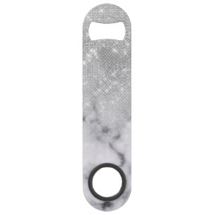 Glamourous Silver Glitter White Marble Bar Key