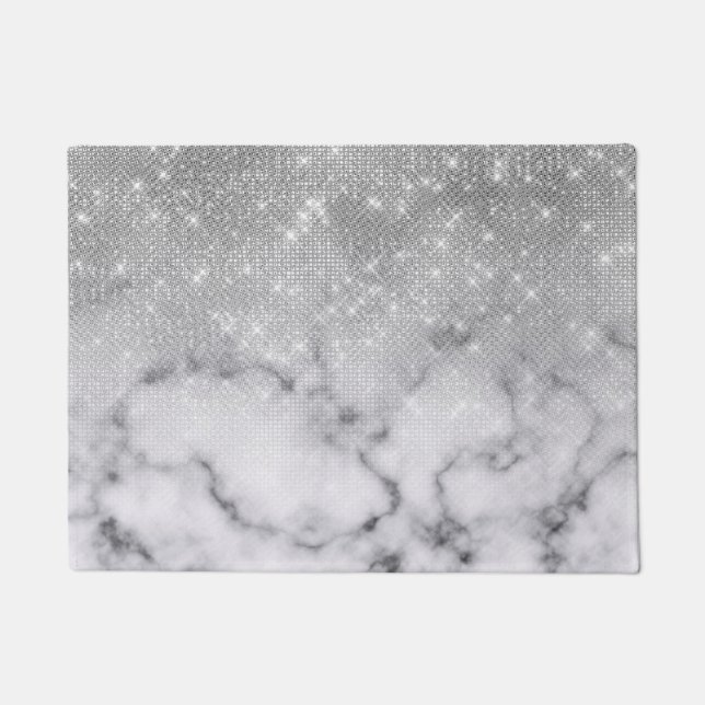 Glamourous Silver Glitter White Marble Doormat (Front)