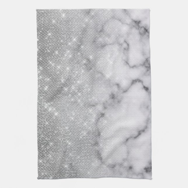 Glamourous Silver Glitter White Marble Ombre Kitchen Towel (Vertical)