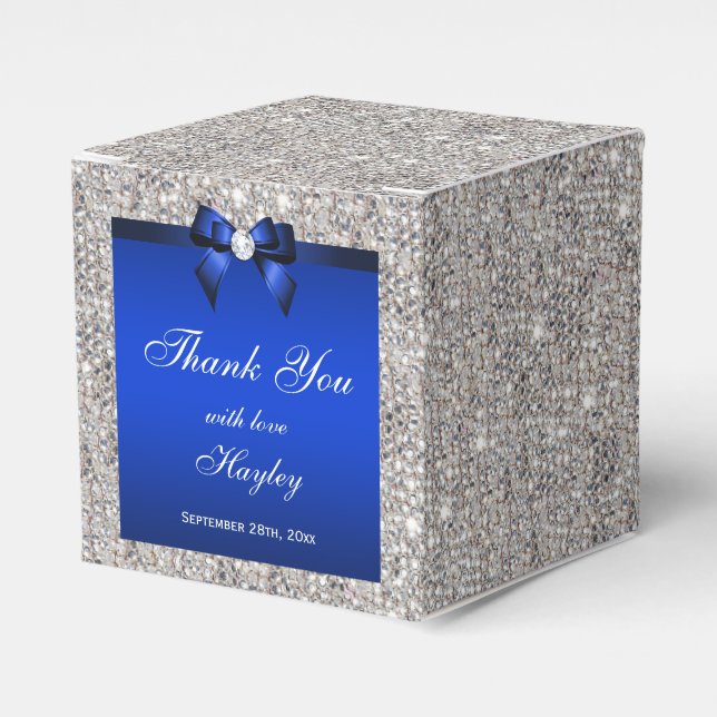 Glamourous Silver Sequins Blue Bow Diamond Favor Box (Front Side)