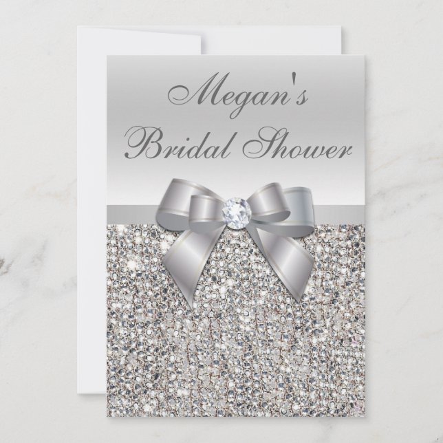 Glamourous Silver Sequins Bow Bridal Shower Invitation (Front)