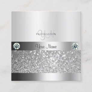 Glamourous Silver Shimmery Glitter with Monogram Square Business Card
