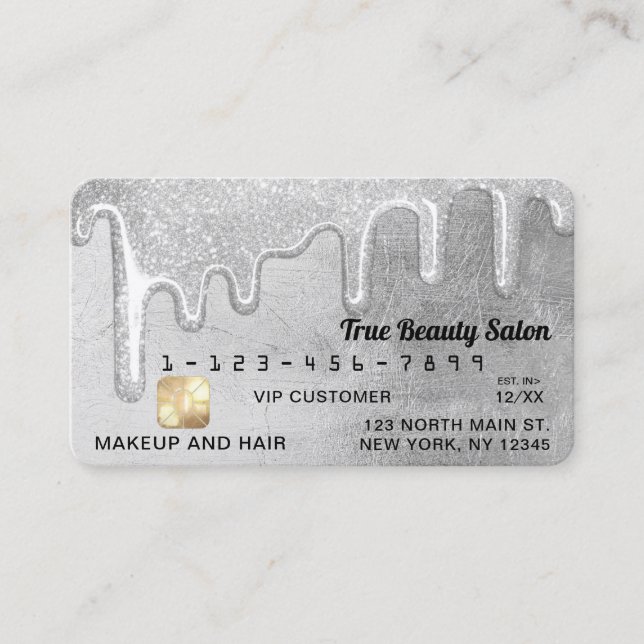 Glamourous Silver Thick Glitter Drips Credit Business Card (Front)