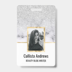Glamourous Silver White Glitter Marble Gradient Badge