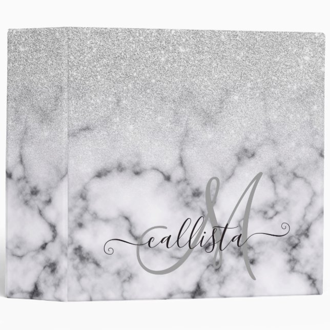 Glamourous Silver White Glitter Marble Gradient Binder (Front/Spine)
