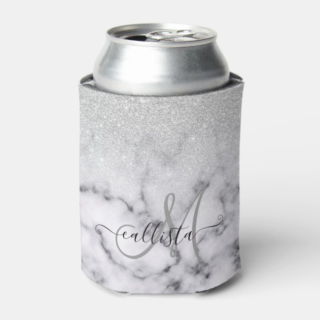 Glamourous Silver White Glitter Marble Gradient Can Cooler (Can Front)