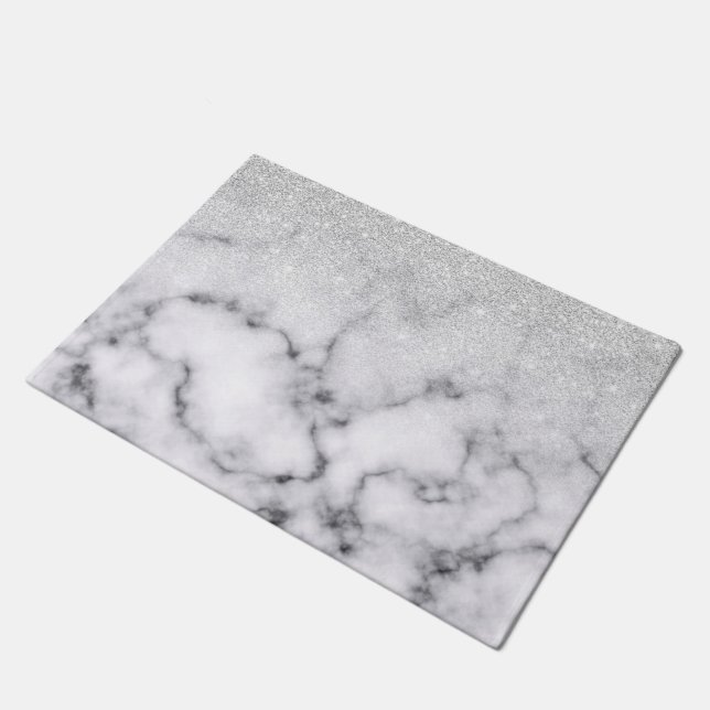 Glamourous Silver White Glitter Marble Gradient Doormat (Angled)