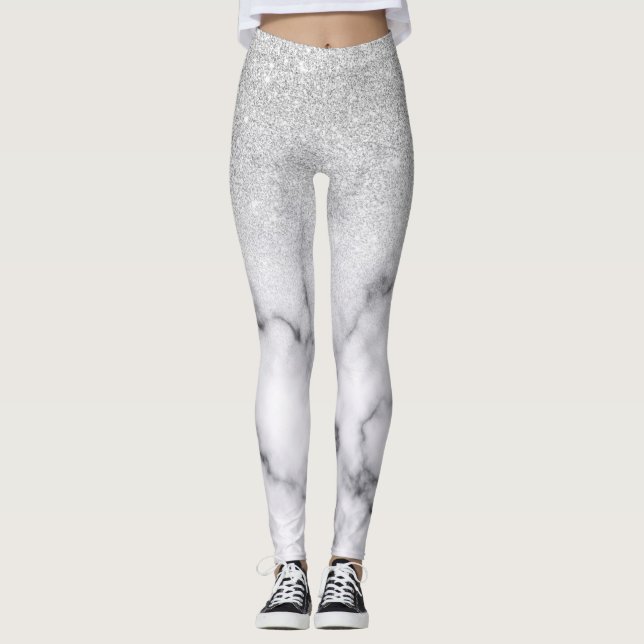 Glamourous Silver White Glitter Marble Gradient Leggings (Front)