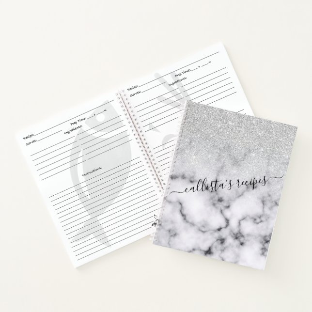 Glamourous Silver White Glitter Marble Gradient Notebook (Inside)