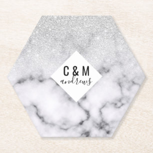 Glamourous Silver White Glitter Marble Gradient Paper Coaster