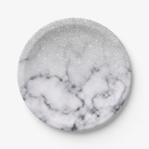 Glamourous Silver White Glitter Marble Gradient Paper Plate