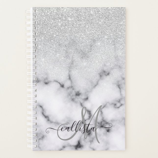 Glamourous Silver White Glitter Marble Gradient Planner (Front)