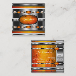 Glamourous Silver with Orange Marble and Diamonds Square Business Card