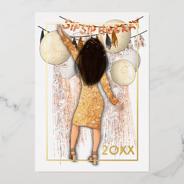 Glamourous Sip Sip Hooray New Year Greetings Foil Holiday Card (Front)