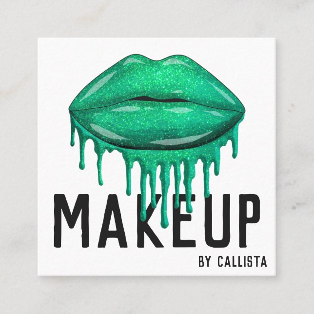 Glamourous Sparkly Green Glitter Drips Lips Makeup Square Business Card (Front)