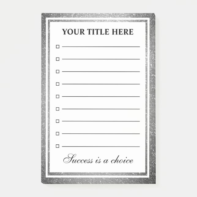 Glamourous sparkly silver glitter checkbox lined post-it notes (Front)