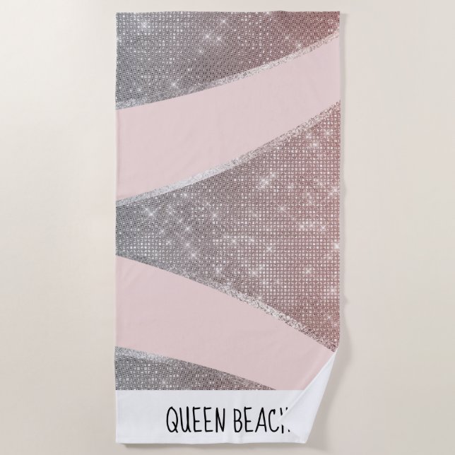 Glamourous Sparkly Silver Rose Gold Glitter Geo Beach Towel (Front)