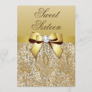 Glamourous Sweet 16 Faux Gold Sequins and Bow Invitation