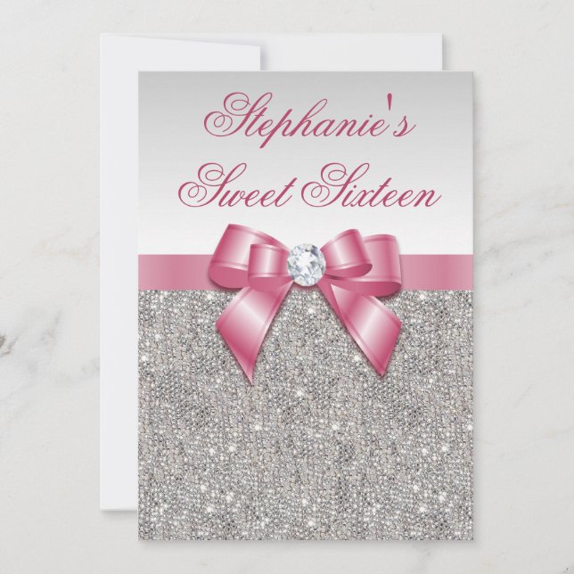 Glamourous Sweet 16 Faux Silver Sequins Pink Bow Invitation (Front)