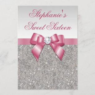 Glamourous Sweet 16 Faux Silver Sequins Pink Bow Invitation