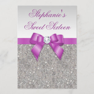 Glamourous Sweet 16 Faux Silver Sequins Purple Bow Invitation