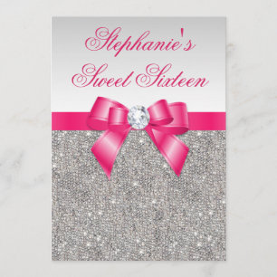 Glamourous Sweet 16 Silver Sequins Hot Pink Bow Invitation