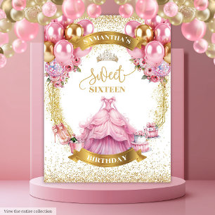 Glamourous Sweet Sixteen Banner Pink Gold Sparkles Tapestry