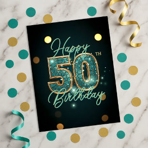 Glamourous Teal and Gold Mosaic 50th Birthday Postcard