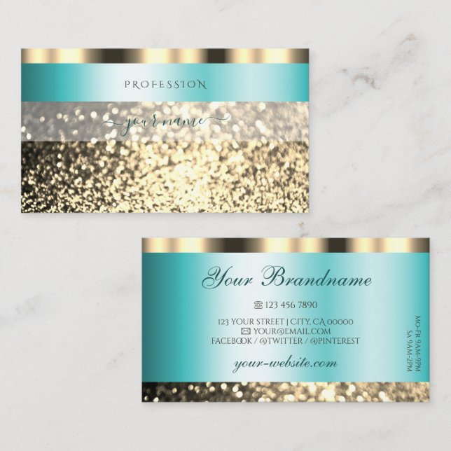 Glamourous Teal and Gold Sparkling Glitter Shimmer Business Card (Front/Back)