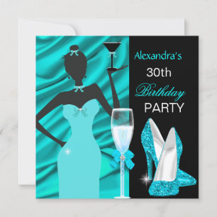 Glamourous Teal Blue Party Girl Champagne Birthday Invitation