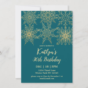 Glamourous Teal Gold Winter 30th Birthday  Invitation