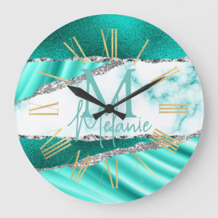 Glamourous Teal Marble & Silver Glitter Large Clock