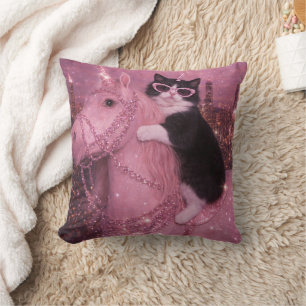 Glamourous Unicorn Cat Under Sparkling City Throw Pillow