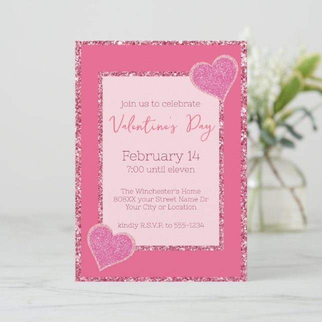 Glamourous Valentine's Day Pink Glitter Hearts Invitation (Standing Front)