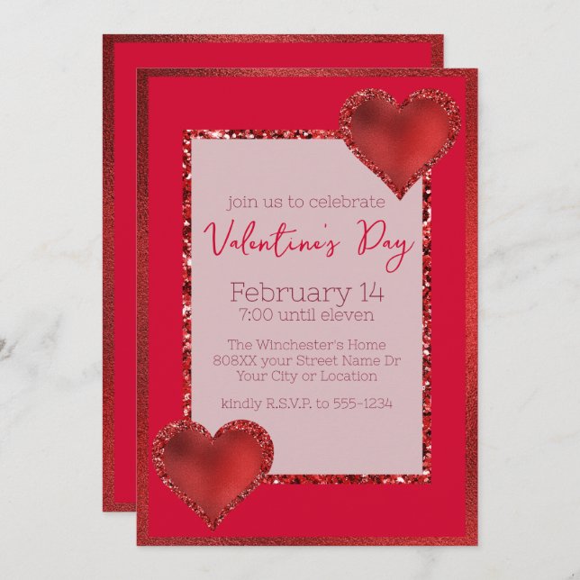 Glamourous Valentine's Day Red Glitter Hearts Invitation (Front/Back)