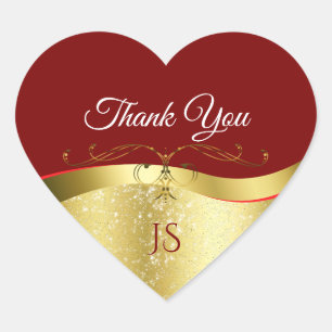 Glamourous Wavy Gold Decor on Dark Red Thank You Heart Sticker
