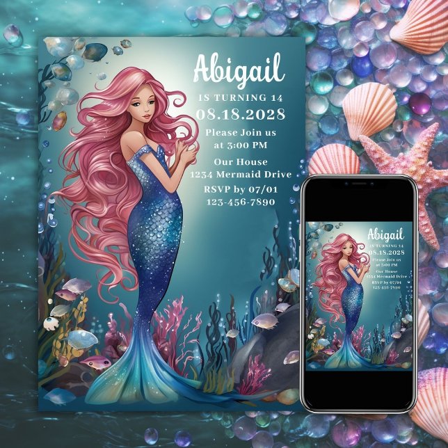 Glamourous Whimsical Mermaid Under the Sea Birthda Invitation (Glamorous Whimsical Mermaid Under the Sea Birthday Invitation)