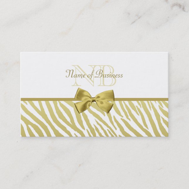 Glamourous White and Gold Zebra Print With Monogra Business Card (Front)