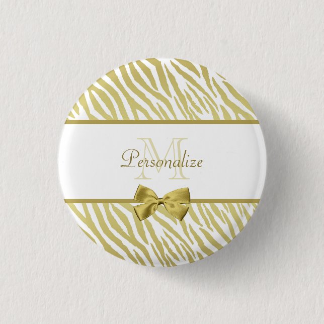 Glamourous White and Gold Zebra Print With Name 1 Inch Round Button (Front)