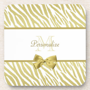 Glamourous White and Gold Zebra Print With Name Coaster