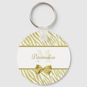 Glamourous White and Gold Zebra Print With Name Keychain