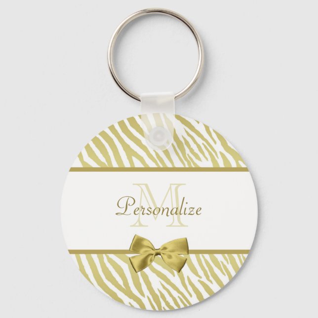 Glamourous White and Gold Zebra Print With Name Keychain (Front)