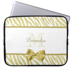 Glamourous White and Gold Zebra Print With Name Laptop Sleeve