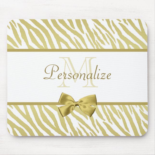 Glamourous White and Gold Zebra Print With Name Mouse Pad (Front)