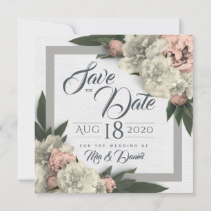 Glamourous White and Peach Floral Peonies Save The Date