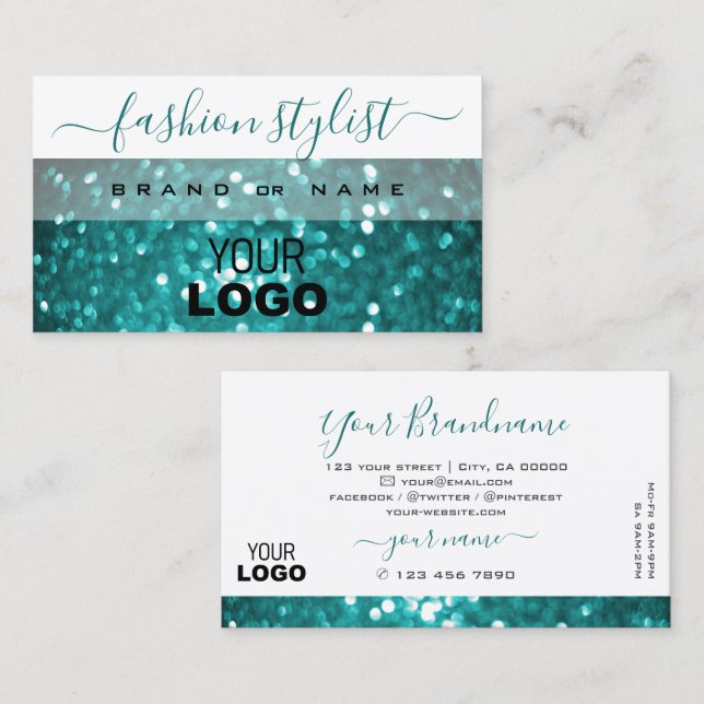 Glamourous White and Teal Sparkle Glitter with Log Business Card (Front/Back)