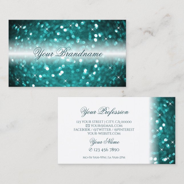 Glamourous White and Teal Sparkling Glitter Stylis Business Card (Front/Back)