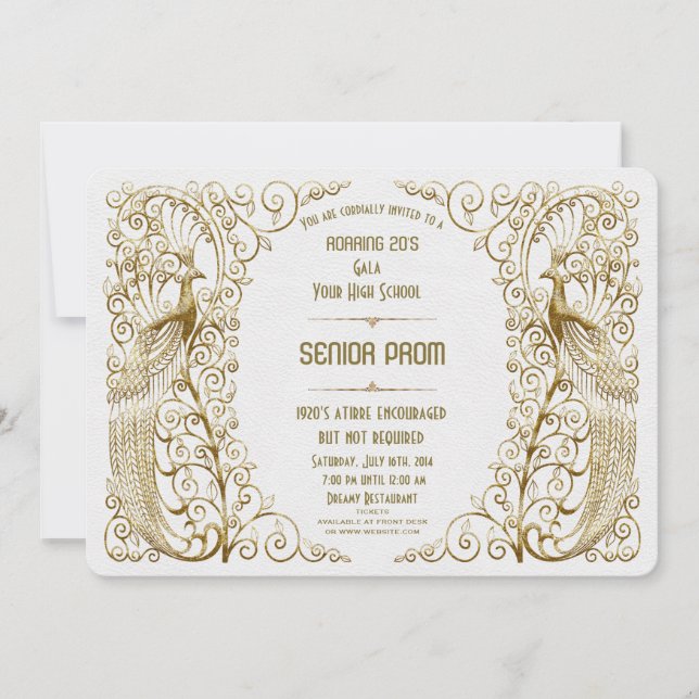 Glamourous White Gold Art Deco Peacock Senior Prom Invitation (Front)