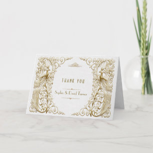 Glamourous White Gold Art Deco Peacocks Thank you Card