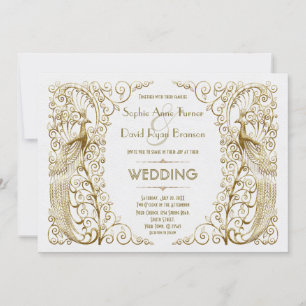 Glamourous White Gold Art Deco Peacocks Wedding Invitation